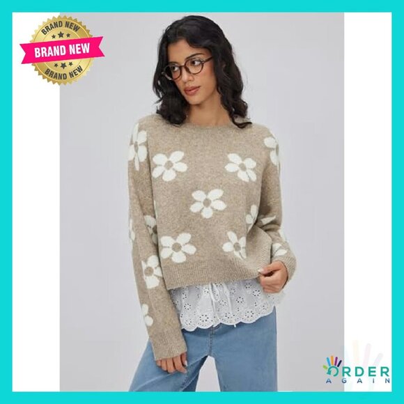 Floral Knit Pullover Sweater Long Sleeve Cozy Fall Fashion Casual Wear - Picture 4 of 7